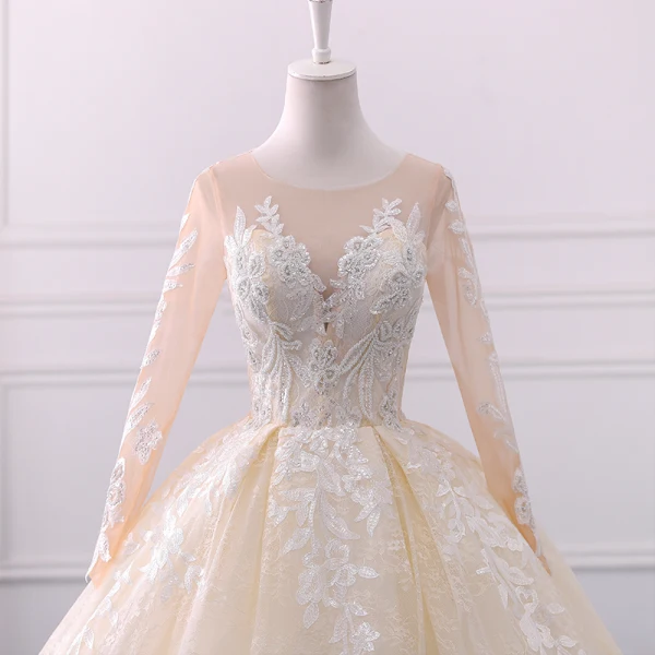 Luxus / Herrlich Champagner Durchsichtige Brautkleider 2018 Ballkleid Rundhalsausschnitt Lange Ärmel Applikationen Mit Spitze Perlenstickerei Perle Pailletten Königliche Schleppe Rüschen