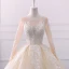 Luxus / Herrlich Champagner Durchsichtige Brautkleider 2018 Ballkleid Rundhalsausschnitt Lange Ärmel Applikationen Mit Spitze Perlenstickerei Perle Pailletten Königliche Schleppe Rüschen
