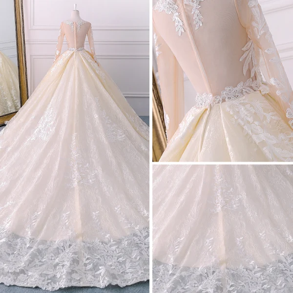 Luxus / Herrlich Champagner Durchsichtige Brautkleider 2018 Ballkleid Rundhalsausschnitt Lange Ärmel Applikationen Mit Spitze Perlenstickerei Perle Pailletten Königliche Schleppe Rüschen