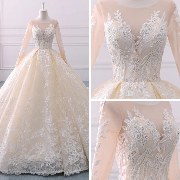 Luxus / Herrlich Champagner Durchsichtige Brautkleider 2018 Ballkleid Rundhalsausschnitt Lange Ärmel Applikationen Mit Spitze Perlenstickerei Perle Pailletten Königliche Schleppe Rüschen