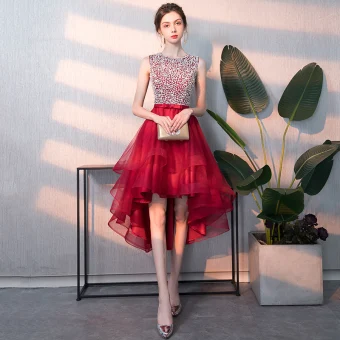 Abordable Rouge Robe De Cocktail 2018 Princesse Encolure Dégagée Sans Manches Perlage Paillettes Noeud Ceinture Asymétrique Volants Robe De Ceremonie