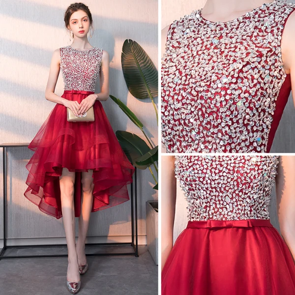 Abordable Rouge Robe De Cocktail 2018 Princesse Encolure Dégagée Sans Manches Perlage Paillettes Noeud Ceinture Asymétrique Volants Robe De Ceremonie