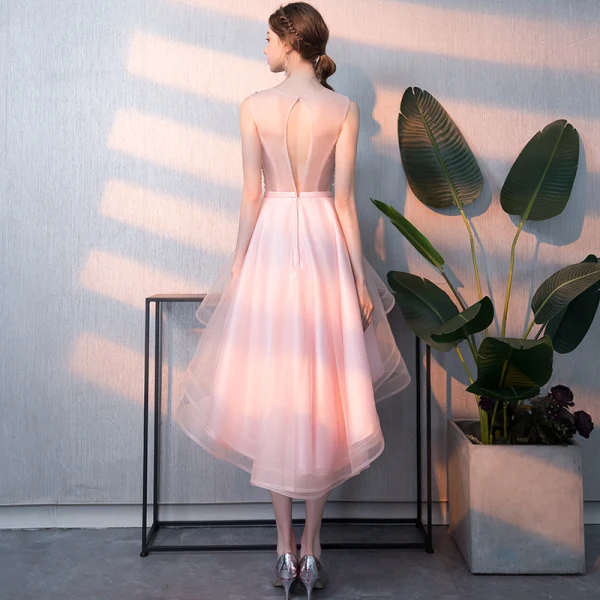 Abordable Rougissant Rose Robe De Cocktail 2018 Princesse Encolure Dégagée Sans Manches Perlage Paillettes Noeud Ceinture Asymétrique Volants Dos Nu Robe De Ceremonie