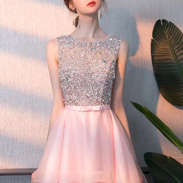 Abordable Rougissant Rose Robe De Cocktail 2018 Princesse Encolure Dégagée Sans Manches Perlage Paillettes Noeud Ceinture Asymétrique Volants Dos Nu Robe De Ceremonie
