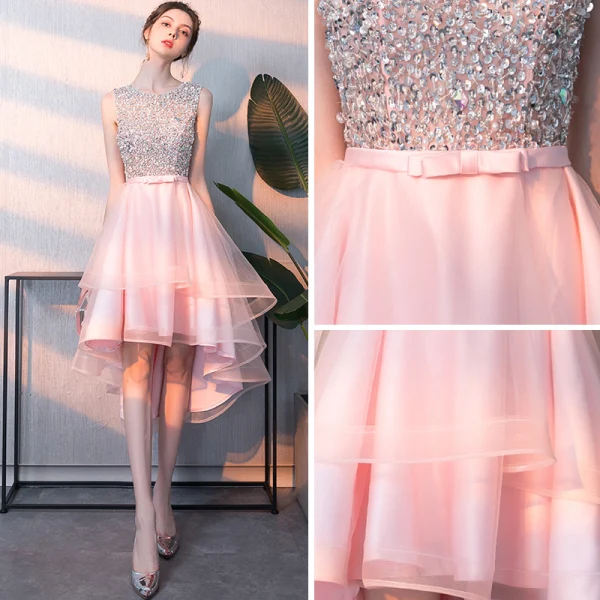Abordable Rougissant Rose Robe De Cocktail 2018 Princesse Encolure Dégagée Sans Manches Perlage Paillettes Noeud Ceinture Asymétrique Volants Dos Nu Robe De Ceremonie