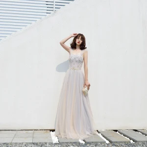 Elegant Grey Evening Dresses 2018 A Line Princess Shoulders Sleeveless Beading Floor Length Long Ruffle Backless Formal Dresses