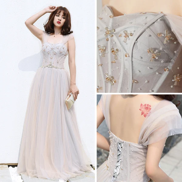 Elegant Grey Evening Dresses 2018 A-Line / Princess Shoulders Sleeveless Beading Floor-Length / Long Ruffle Backless Formal Dresses