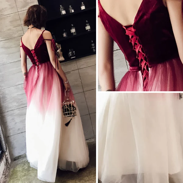 Modern / Fashion Burgundy Evening Dresses  2018 A-Line / Princess Spaghetti Straps V-Neck Sleeveless Sash Floor-Length / Long Ruffle Backless Formal Dresses