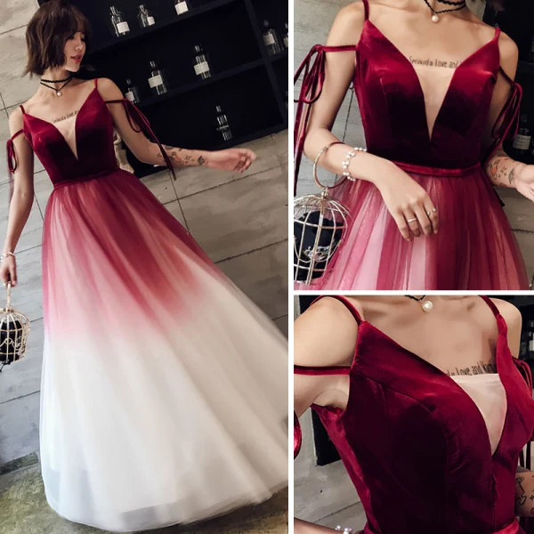 Modern / Fashion Burgundy Evening Dresses  2018 A-Line / Princess Spaghetti Straps V-Neck Sleeveless Sash Floor-Length / Long Ruffle Backless Formal Dresses
