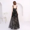 Affordable Summer Black Evening Dresses  With Shawl 2018 Empire Shoulders Sleeveless Embroidered Floor-Length / Long Ruffle Backless Formal Dresses
