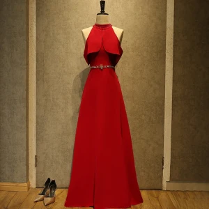 Enkel Rød Selskapskjoler 2018 Empire Beading Scoop Halsen Strapless Uten Ermer Metall Sash Lange Formelle Kjoler