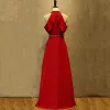 Modest / Simple Red Evening Dresses  2018 Empire Beading Scoop Neck Strapless Sleeveless Metal Sash Floor-Length / Long Formal Dresses