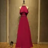 Modest / Simple Red Evening Dresses  2018 Empire Beading Scoop Neck Strapless Sleeveless Metal Sash Floor-Length / Long Formal Dresses