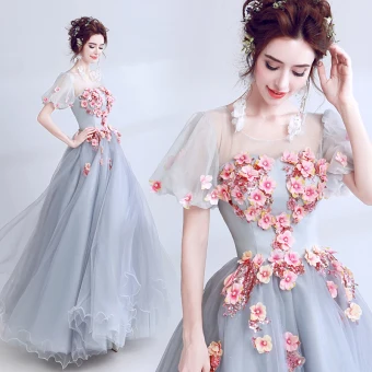 Élégant Gris Transparentes Robe De Bal 2018 Robe Boule Encolure Dégagée Gonflée Manches Courtes Appliques Fleur Paillettes Longue Volants Robe De Ceremonie