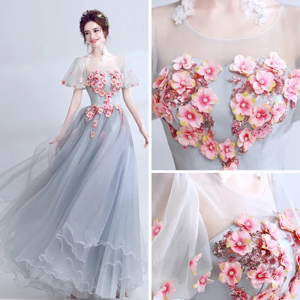 Élégant Gris Transparentes Robe De Bal 2018 Robe Boule Encolure Dégagée Gonflée Manches Courtes Appliques Fleur Paillettes Longue Volants Robe De Ceremonie