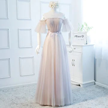 Chic Beautiful Blushing Pink Evening Dresses 2018 A Line Princess See Through Scoop Neck 1 2 Sleeves Appliques Flower Floor Length Long Ruffle Backless Formal Dresses