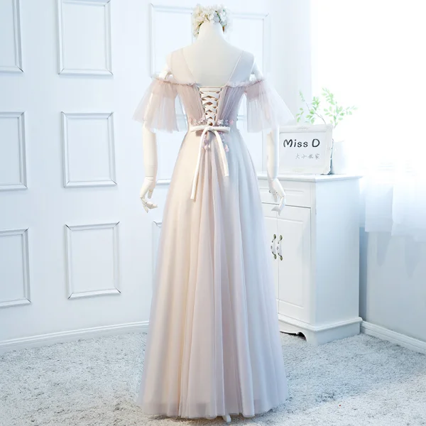 Chic / Beautiful Blushing Pink Evening Dresses 2018 A-Line / Princess See-through Scoop Neck 1/2 Sleeves Appliques Flower Floor-Length / Long Ruffle Backless Formal Dresses
