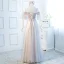 Chic / Beautiful Blushing Pink Evening Dresses  2018 A-Line / Princess See-through Scoop Neck 1/2 Sleeves Appliques Flower Floor-Length / Long Ruffle Backless Formal Dresses
