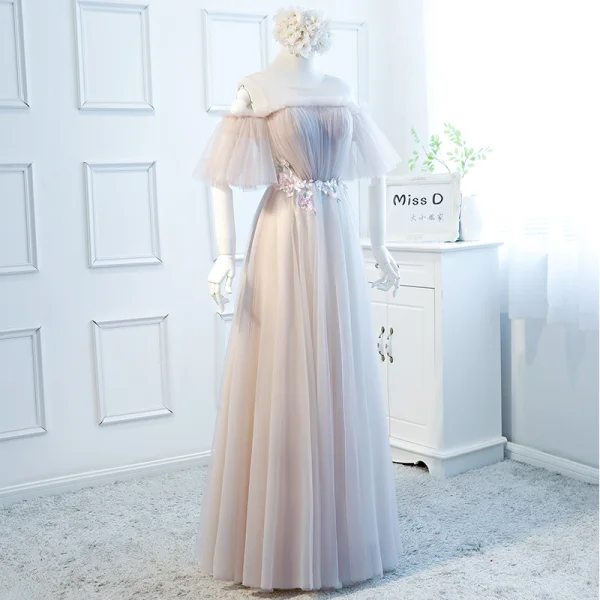 Chic / Beautiful Blushing Pink Evening Dresses 2018 A-Line / Princess See-through Scoop Neck 1/2 Sleeves Appliques Flower Floor-Length / Long Ruffle Backless Formal Dresses