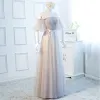 Chic / Beautiful Blushing Pink Evening Dresses  2018 A-Line / Princess See-through Scoop Neck 1/2 Sleeves Appliques Flower Floor-Length / Long Ruffle Backless Formal Dresses