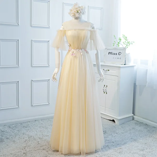 Chic / Beautiful Blushing Pink Evening Dresses 2018 A-Line / Princess See-through Scoop Neck 1/2 Sleeves Appliques Flower Floor-Length / Long Ruffle Backless Formal Dresses