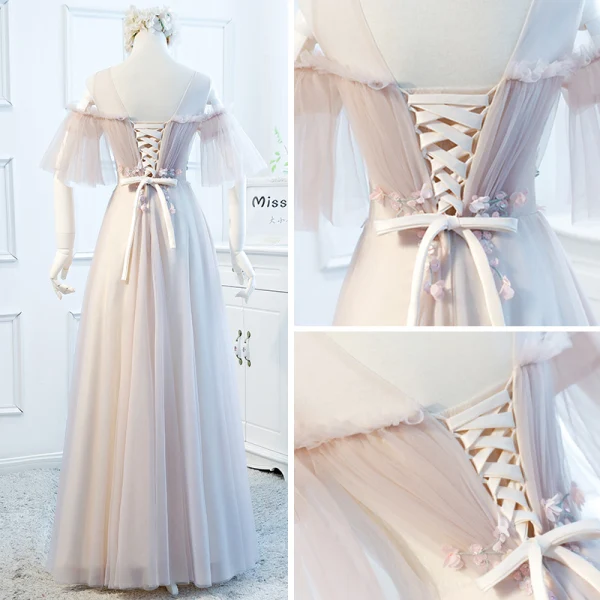 Chic / Beautiful Blushing Pink Evening Dresses 2018 A-Line / Princess See-through Scoop Neck 1/2 Sleeves Appliques Flower Floor-Length / Long Ruffle Backless Formal Dresses