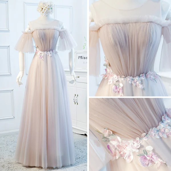 Chic / Beautiful Blushing Pink Evening Dresses 2018 A-Line / Princess See-through Scoop Neck 1/2 Sleeves Appliques Flower Floor-Length / Long Ruffle Backless Formal Dresses