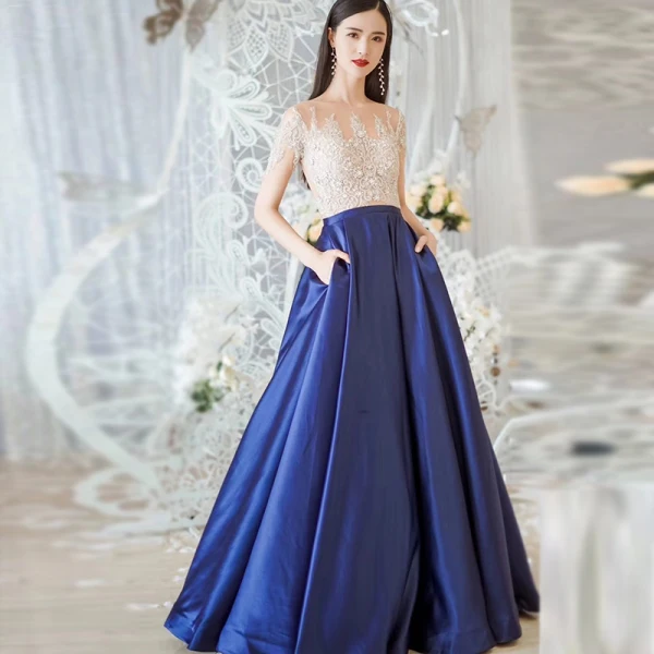 Illusion Royal Blue See-through Evening Dresses  2018 A-Line / Princess Scoop Neck Short Sleeve Floor-Length / Long Ruffle Formal Dresses