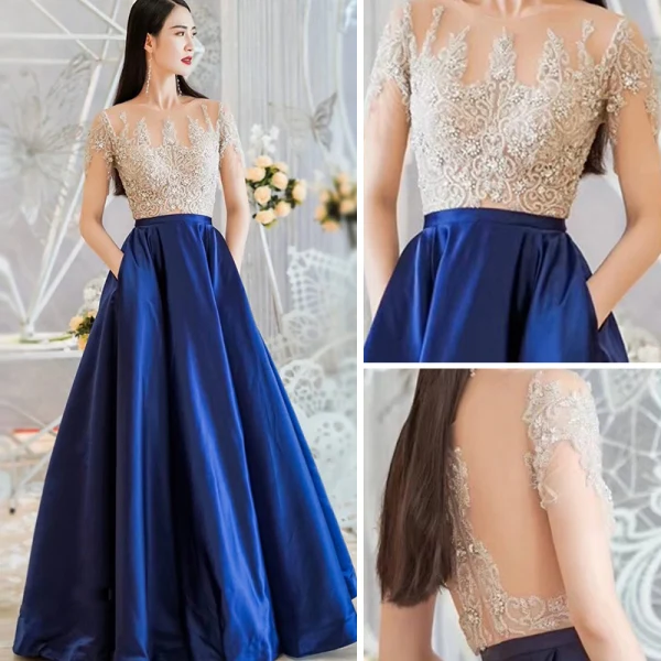 Illusion Royal Blue See-through Evening Dresses  2018 A-Line / Princess Scoop Neck Short Sleeve Floor-Length / Long Ruffle Formal Dresses