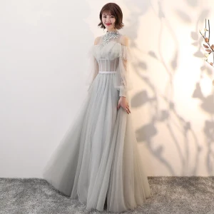 Elegant Grey See Through Prom Dresses 2018 A Line Princess High Neck Long Sleeve Appliques Lace Pearl Sash Floor Length Long Backless Ruffle Formal Dresses