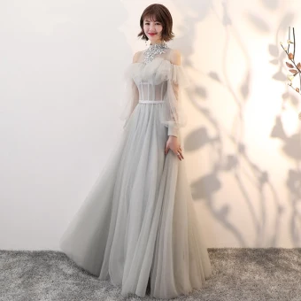 Élégant Gris Transparentes Robe De Bal 2018 Princesse Col Haut Manches Longues Appliques En Dentelle Perle Ceinture Longue Dos Nu Volants Robe De Ceremonie