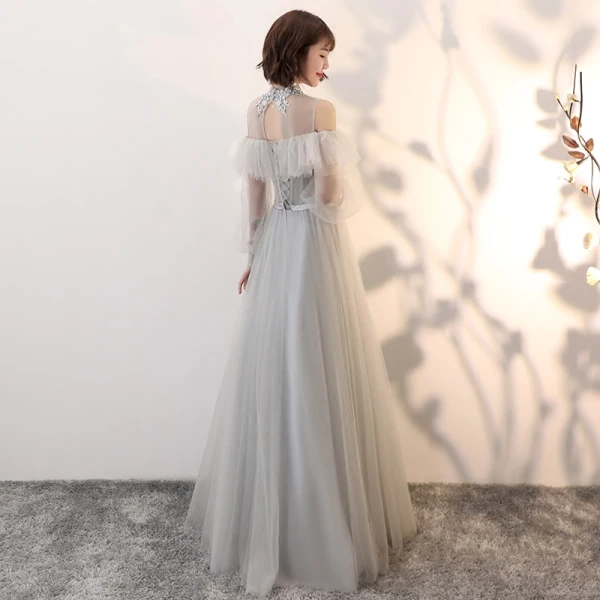 Élégant Gris Transparentes Robe De Bal 2018 Princesse Col Haut Manches Longues Appliques En Dentelle Perle Ceinture Longue Dos Nu Volants Robe De Ceremonie
