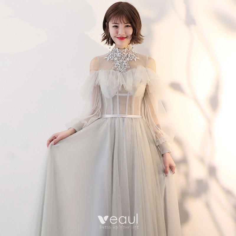 Elegant Grey See-through Prom Dresses 2018 A-Line / Princess High Neck Long Sleeve Appliques Lace Pearl Sash Floor-Length / Long Backless Ruffle