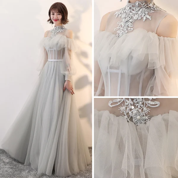 Élégant Gris Transparentes Robe De Bal 2018 Princesse Col Haut Manches Longues Appliques En Dentelle Perle Ceinture Longue Dos Nu Volants Robe De Ceremonie