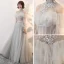 Élégant Gris Transparentes Robe De Bal 2018 Princesse Col Haut Manches Longues Appliques En Dentelle Perle Ceinture Longue Dos Nu Volants Robe De Ceremonie