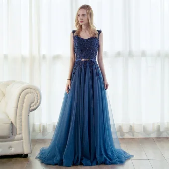 Eleganckie Tusz Niebieski Sukienki Na Bal 2017 Princessa Wycięciem Bez Rękawów Aplikacje Z Koronki Frezowanie Metal Szarfa Trenem Sweep Wzburzyć Bez Pleców Sukienki Wizytowe