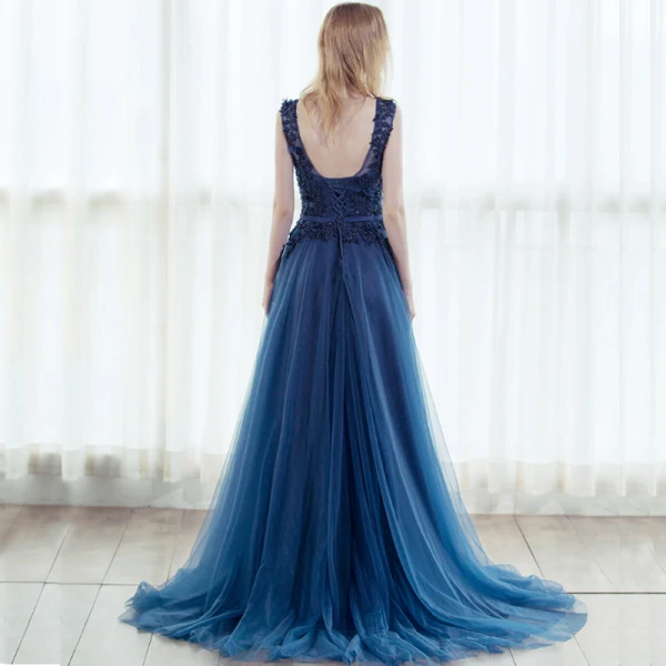 Élégant Bleu D'encre Robe De Bal 2017 Princesse Encolure Dégagée Sans Manches Appliques En Dentelle Perlage Métal Ceinture Train De Balayage Volants Dos Nu Robe De Ceremonie