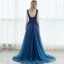 Élégant Bleu D'encre Robe De Bal 2017 Princesse Encolure Dégagée Sans Manches Appliques En Dentelle Perlage Métal Ceinture Train De Balayage Volants Dos Nu Robe De Ceremonie