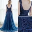 Élégant Bleu D'encre Robe De Bal 2017 Princesse Encolure Dégagée Sans Manches Appliques En Dentelle Perlage Métal Ceinture Train De Balayage Volants Dos Nu Robe De Ceremonie