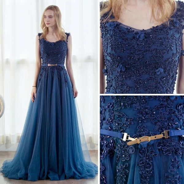 Élégant Bleu D'encre Robe De Bal 2017 Princesse Encolure Dégagée Sans Manches Appliques En Dentelle Perlage Métal Ceinture Train De Balayage Volants Dos Nu Robe De Ceremonie