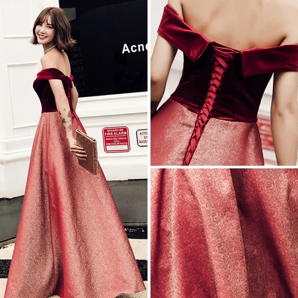 Chic / Beautiful Burgundy Glitter Evening Dresses 2018 A-Line / Princess Off-The-Shoulder Short Sleeve Sash Floor-Length / Long Ruffle Backless Formal Dresses