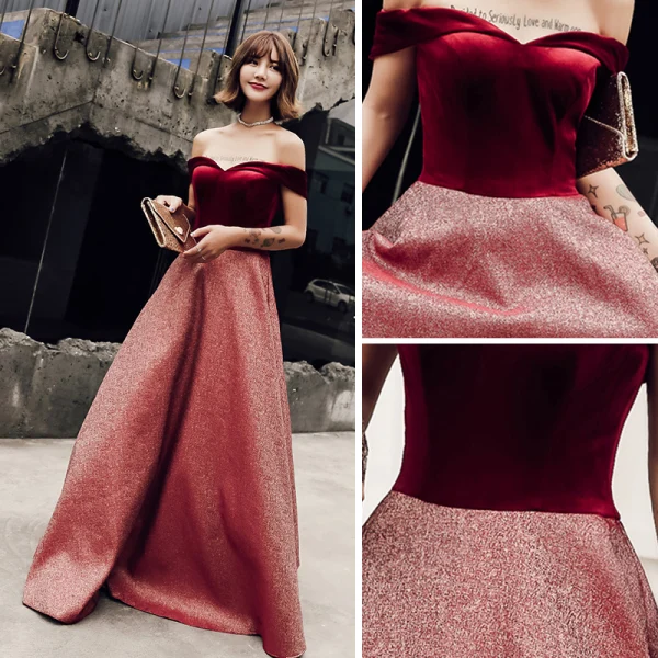 Chic / Beautiful Burgundy Glitter Evening Dresses 2018 A-Line / Princess Off-The-Shoulder Short Sleeve Sash Floor-Length / Long Ruffle Backless Formal Dresses