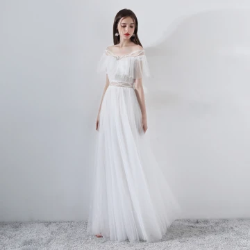 Modern Fashion White Evening Dresses 2018 A Line Princess Beading Off The Shoulder Short Sleeve Floor Length Long Ruffle Backless Formal Dresses
