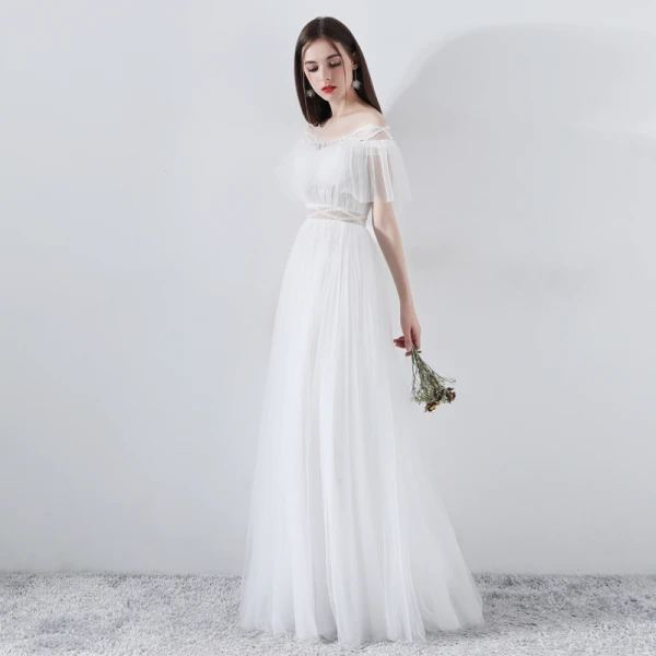 Modern / Fashion White Evening Dresses 2018 A-Line / Princess Beading Off-The-Shoulder Short Sleeve Floor-Length / Long Ruffle Backless Formal Dresses