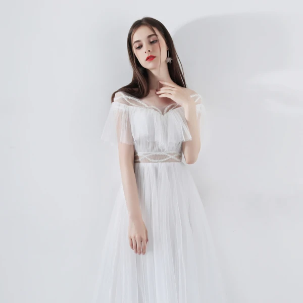 Modern / Fashion White Evening Dresses 2018 A-Line / Princess Beading Off-The-Shoulder Short Sleeve Floor-Length / Long Ruffle Backless Formal Dresses