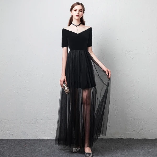 Erschwinglich Sommer Schwarz Abendkleider 2018 A Linie Off Shoulder V-Ausschnitt Kurze Ärmel Knöchellänge Rüschen Rückenfreies Festliche Kleider
