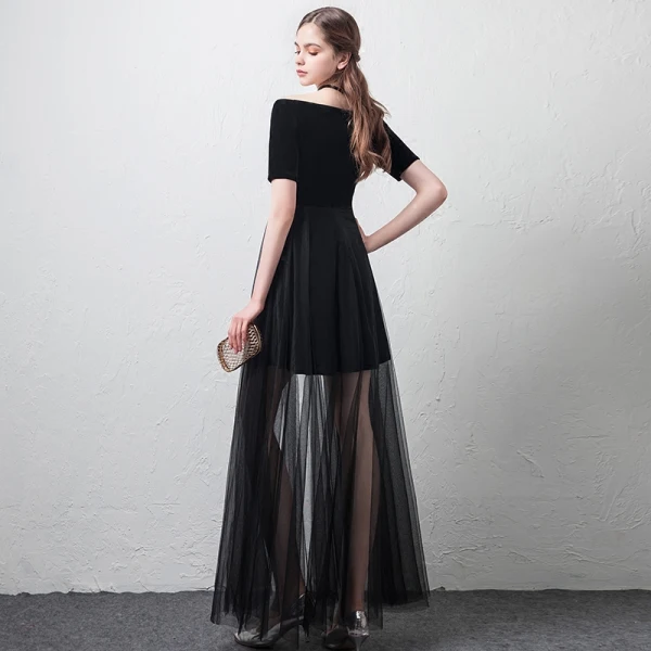 Erschwinglich Sommer Schwarz Abendkleider 2018 A Linie Off Shoulder V-Ausschnitt Kurze Ärmel Knöchellänge Rüschen Rückenfreies Festliche Kleider