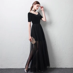 Abordable Été Noire Robe De Soirée 2018 Princesse De L Épaule V Cou Manches Courtes Longueur Cheville Volants Dos Nu Robe De Ceremonie