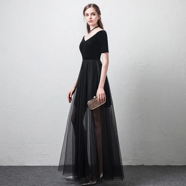 Erschwinglich Sommer Schwarz Abendkleider 2018 A Linie Off Shoulder V-Ausschnitt Kurze Ärmel Knöchellänge Rüschen Rückenfreies Festliche Kleider