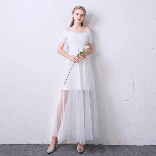 Erschwinglich Sommer Schwarz Abendkleider 2018 A Linie Off Shoulder V-Ausschnitt Kurze Ärmel Knöchellänge Rüschen Rückenfreies Festliche Kleider